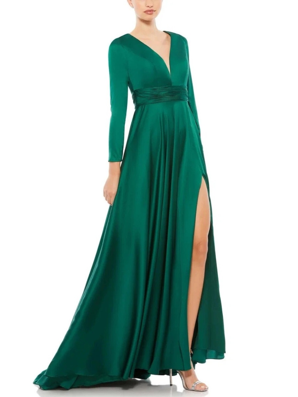 Ieena Mac Duggal emerald green long-sleeve satin Gown ruched V-Neck dress slit